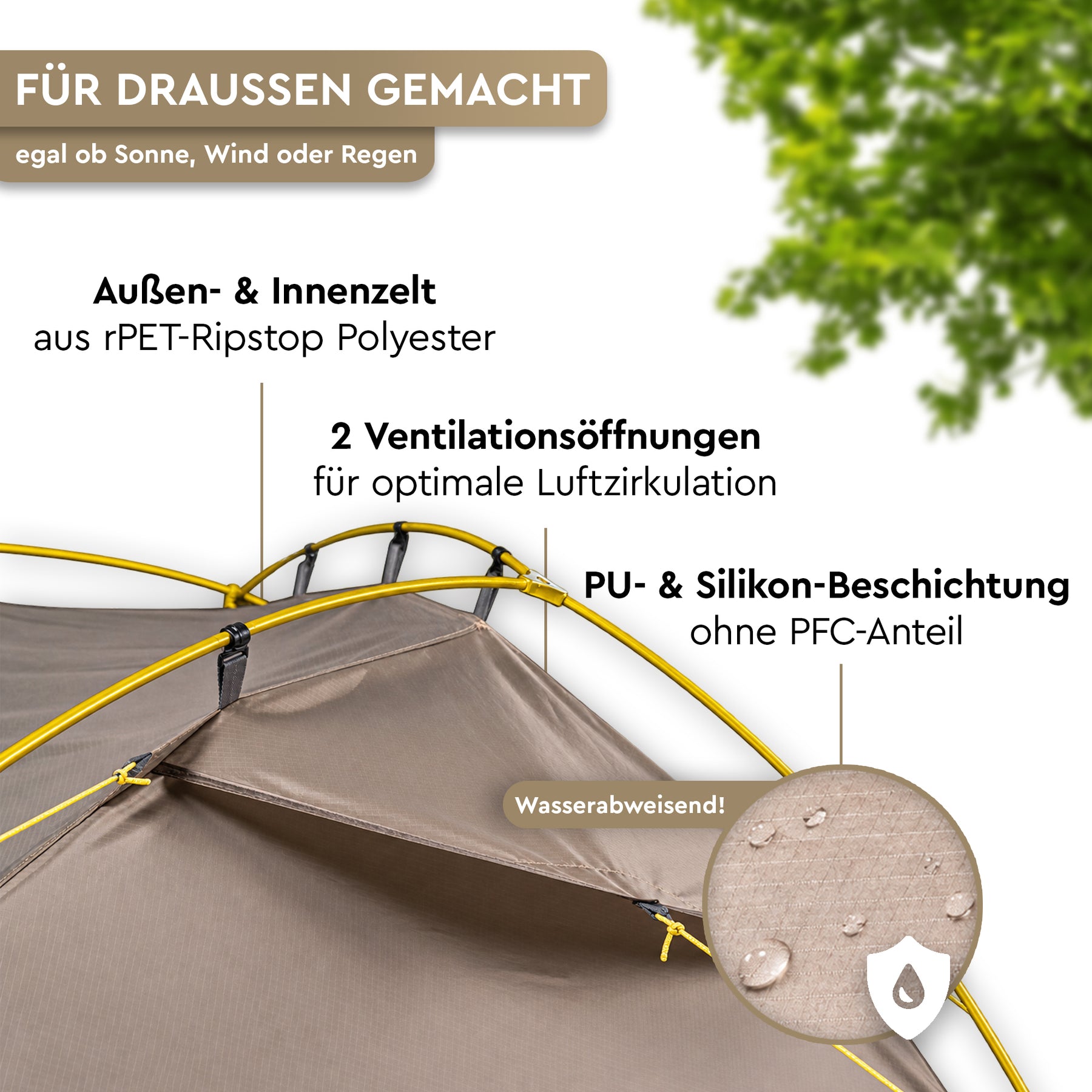 Braungraues Trekking-Kuppelzelt mit gelben Gestängebögen, zwei Lüftungsöffnungen und wasserabweisender Beschichtung. - PUSPA 2 | 2-Personen Trekking-Kuppelzelt - Tambu Outdoor