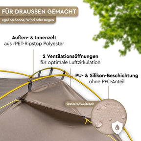 Braungraues Trekking-Kuppelzelt mit gelben Gestängebögen, zwei Lüftungsöffnungen und wasserabweisender Beschichtung. - PUSPA 2 | 2-Personen Trekking-Kuppelzelt - Tambu Outdoor