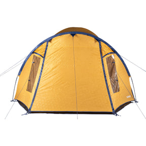 Gelbes 5-Personen Kuppelzelt SETU von Tambu Outdoor mit Stehhöhe, zwei Fenster und dunkelblaue Abspannleinen