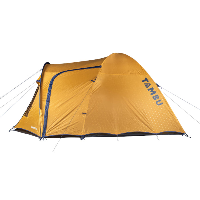 Gelbes SETU Kuppelzelt von Tambu Outdoor für 5 Personen mit Stehhöhe, mit dunkelblauen Ziernähten und Logo