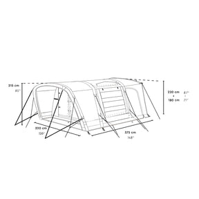 Skizze des BISALA VAN Busvorzelts AIR von Tambu Outdoor mit Maßen: 320 cm Breite, 375 cm Länge, 215 cm und 220 cm Höhe