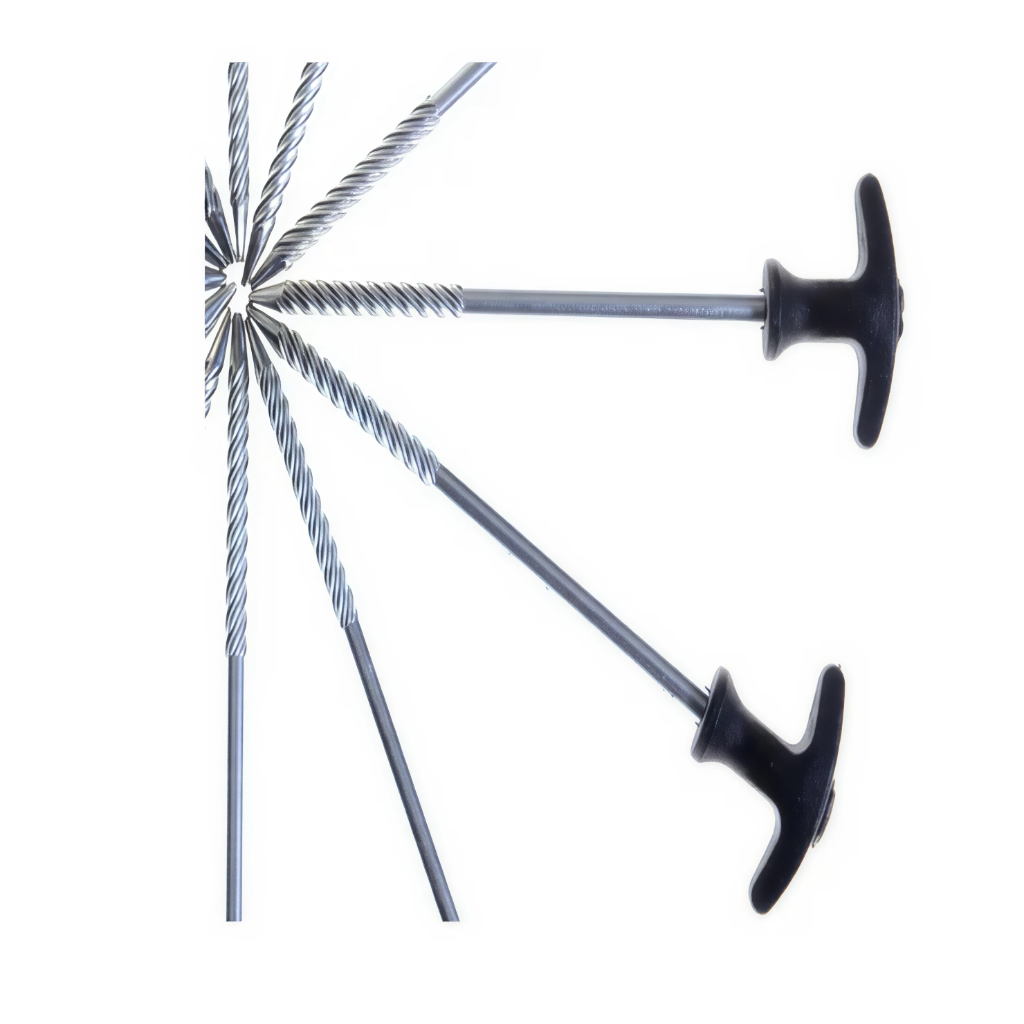 Zwölf 20 cm lange T-Heringe aus Stahl mit schwarzem Kunststoffgriff, Marke Tambu mit langen, spiralförmigen Metallstäben, die sich in der Mitte kreuzen
