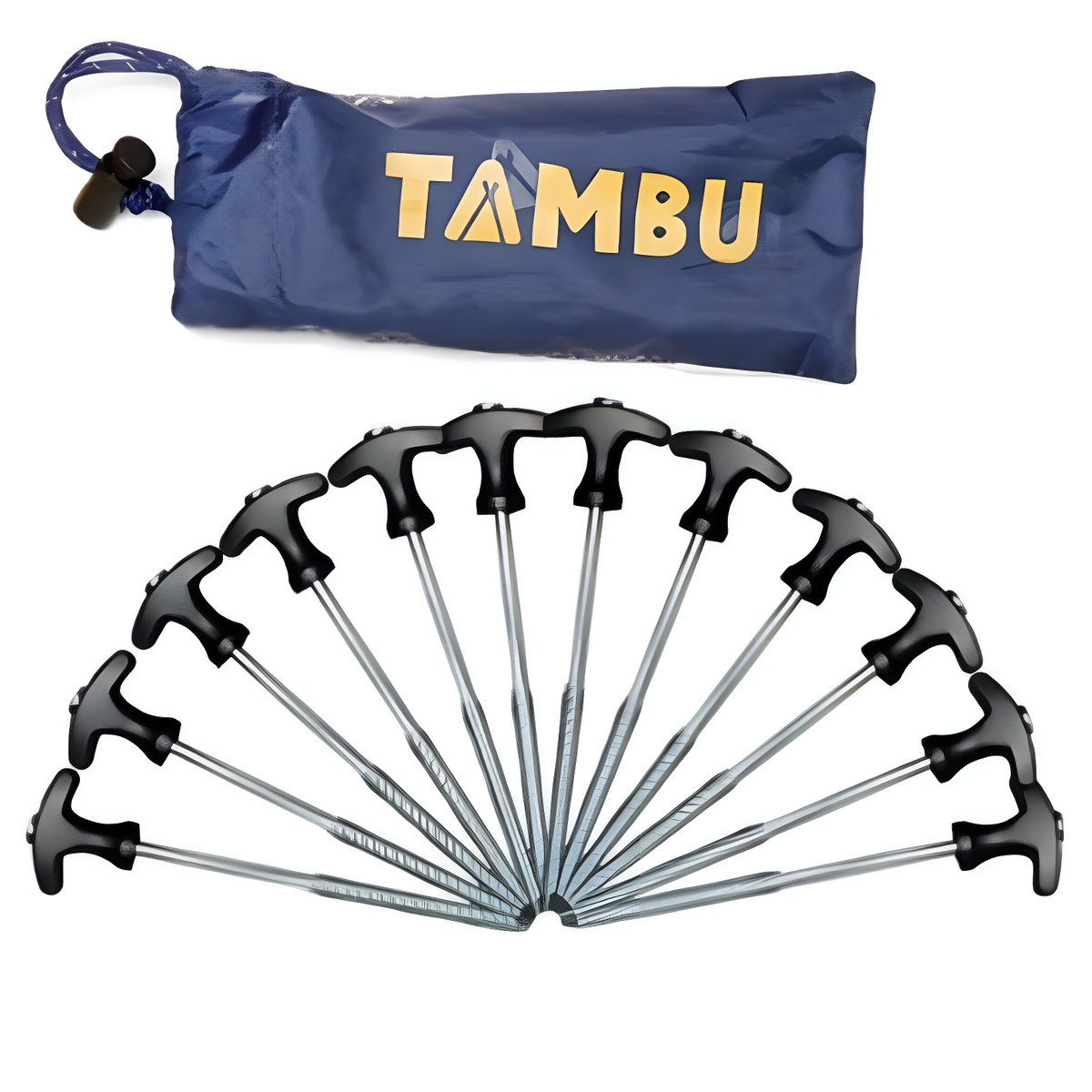 Zwölf T-Heringe aus Stahl, 20 cm lang, mit schwarzen Griffen, angeordnet vor einem blauen Aufbewahrungsbeutel mit gelbem 'TAMBU'-Logo
