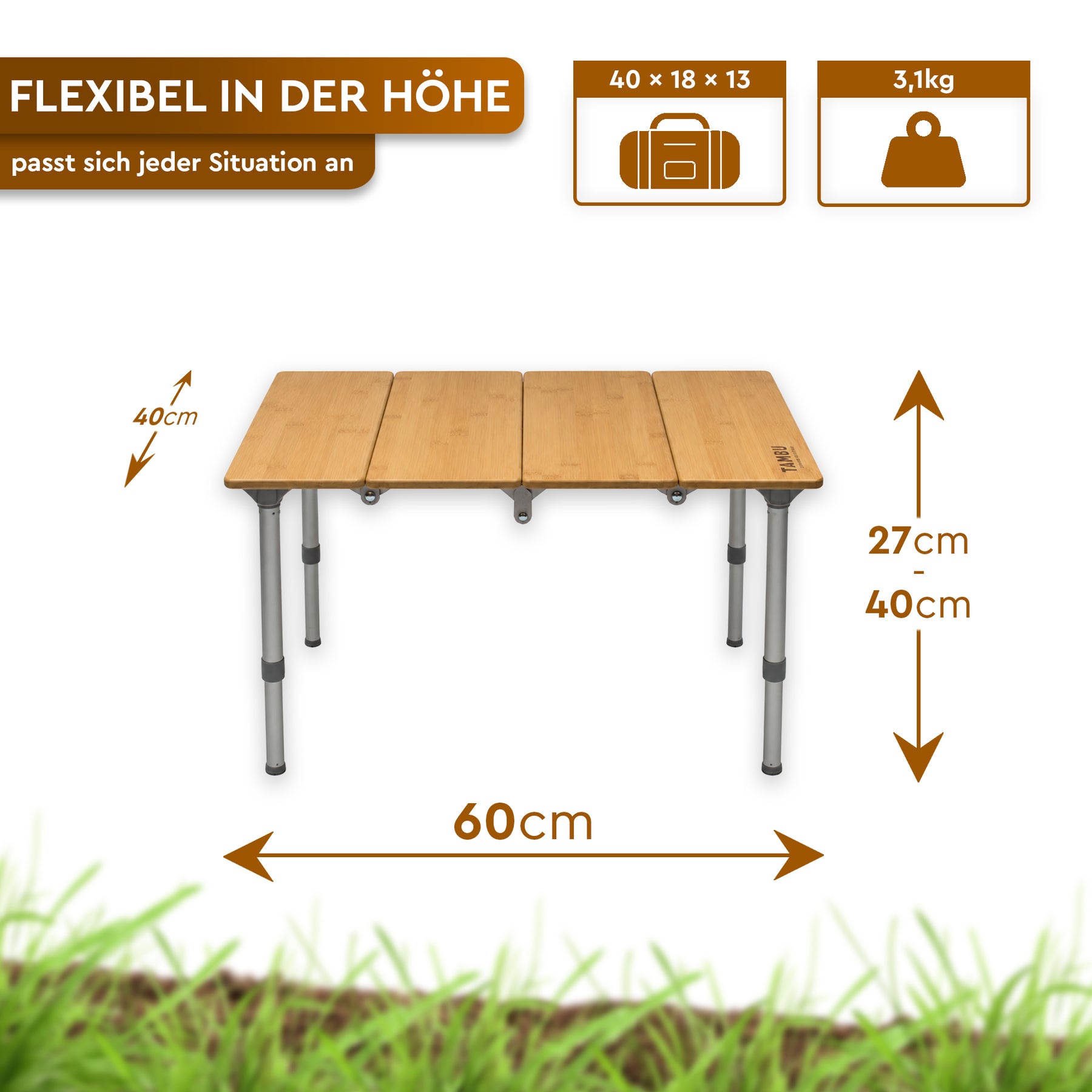 Kompakter Bambus-Camping-Beistelltisch mit Klappbeinen, 60 cm breit und höhenverstellbar auf 27 oder 40 cm. - TEBO | Kompakter Bambus-Beistelltisch für Camping & Vanlife - Tambu Outdoor