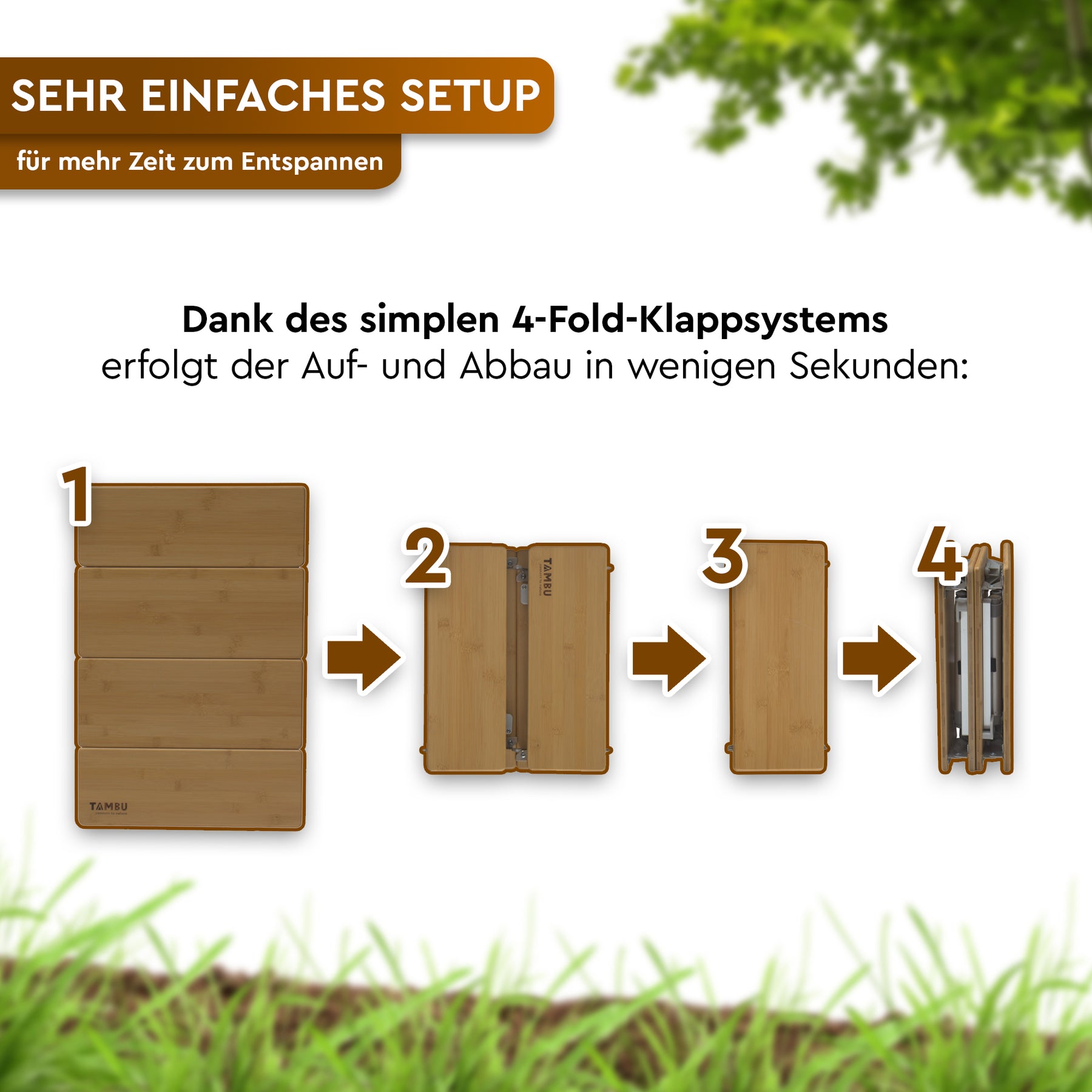 Kompakter brauner Bambus-Beistelltisch, der sich mit einem 4-Falt-Klappsystem platzsparend zusammenlegen lässt. - TEBO | Kompakter Bambus-Beistelltisch für Camping & Vanlife - Tambu Outdoor