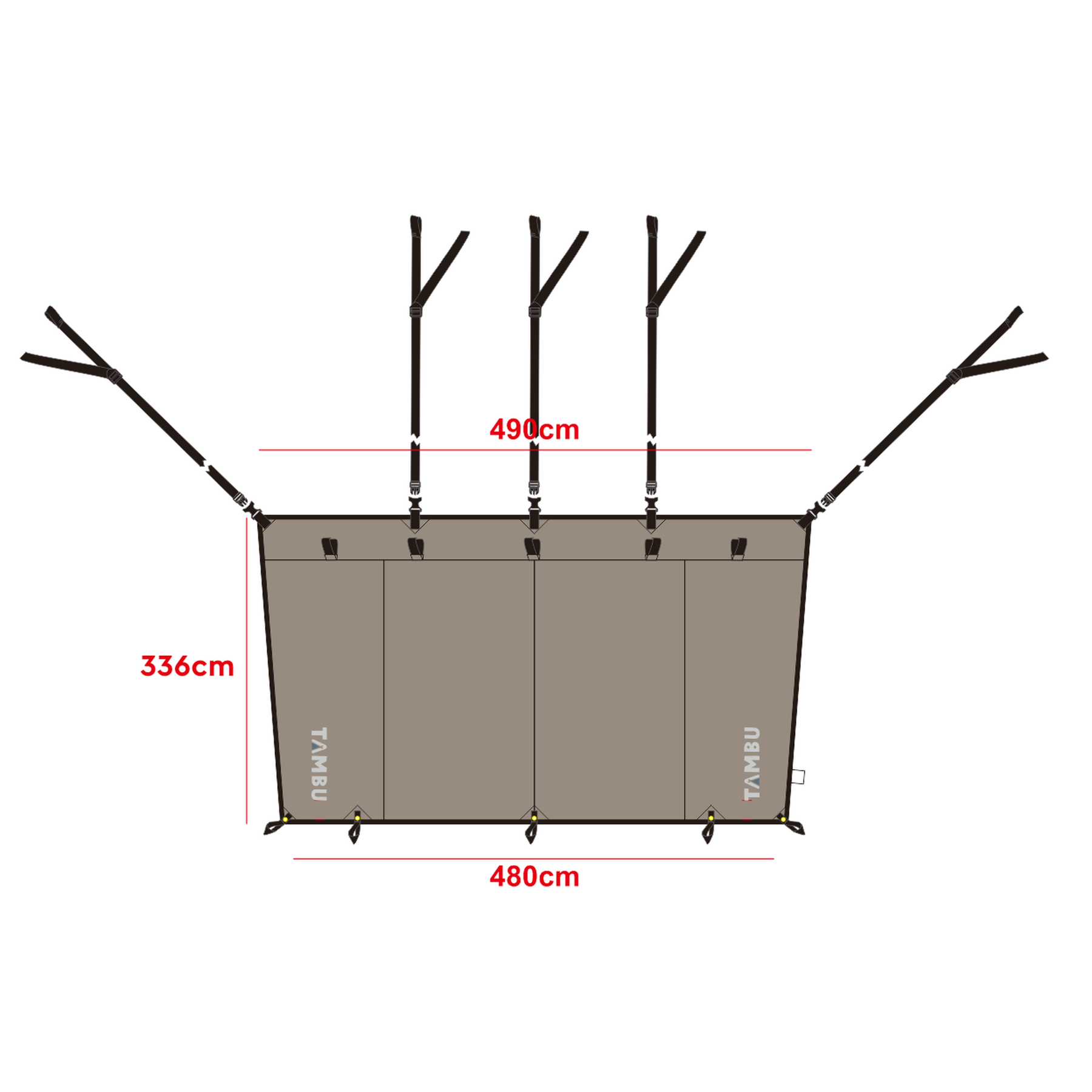 Grundriss des YANO Sonnensegels für Dachzelt von Tambu Outdoor mit Maßen 490 cm Breite, 336 cm Tiefe und 480 cm Länge, inklusive Befestigungspunkten und Stangen